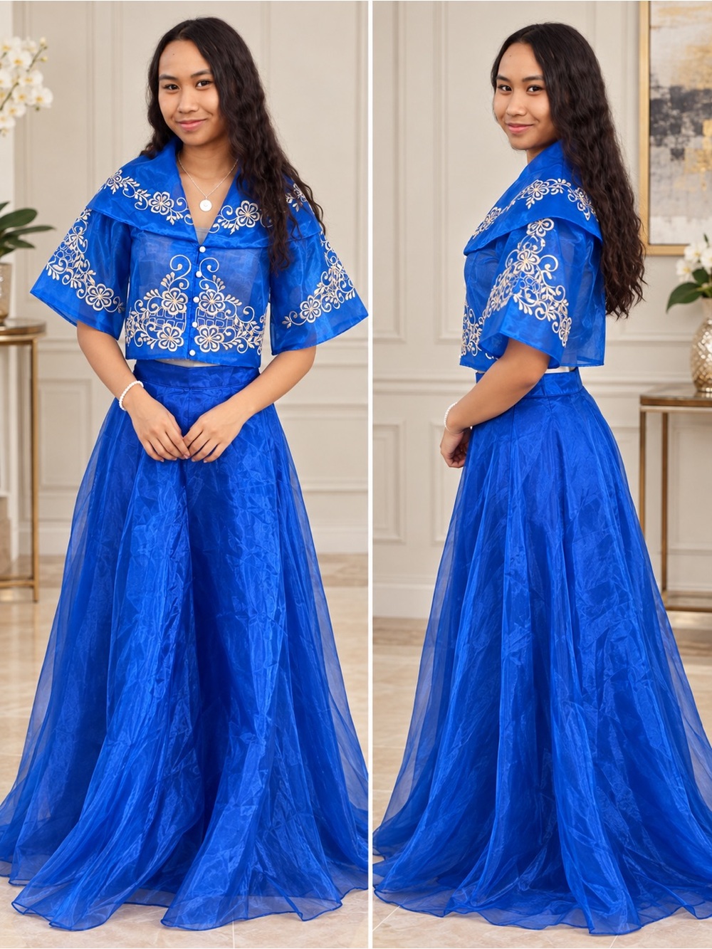Filipiniana L Blue Balona Maria Clara Embroidered Two-Piece Skirt Set - Women's